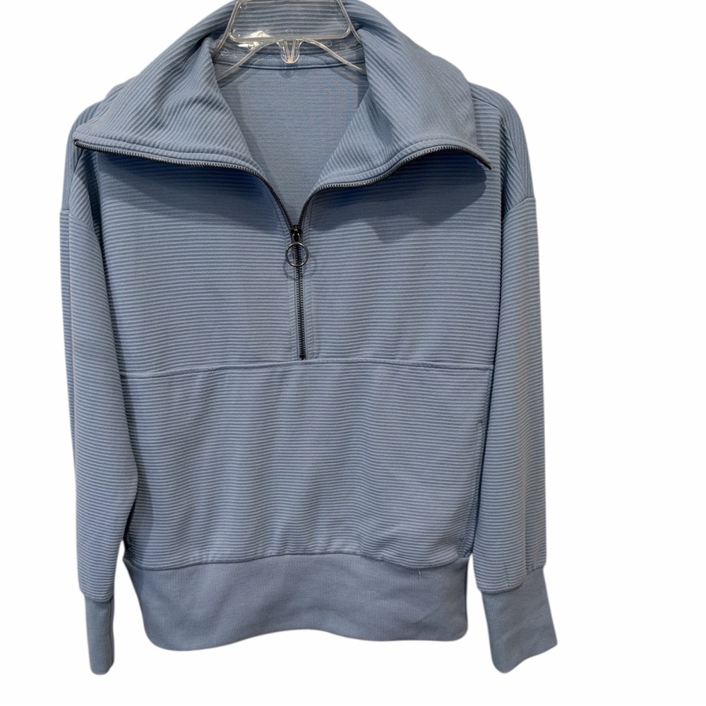 Marika Ribbed Half Zip Pullover Ring Zipper Blue Sz M (Est) Cozy Athleisure